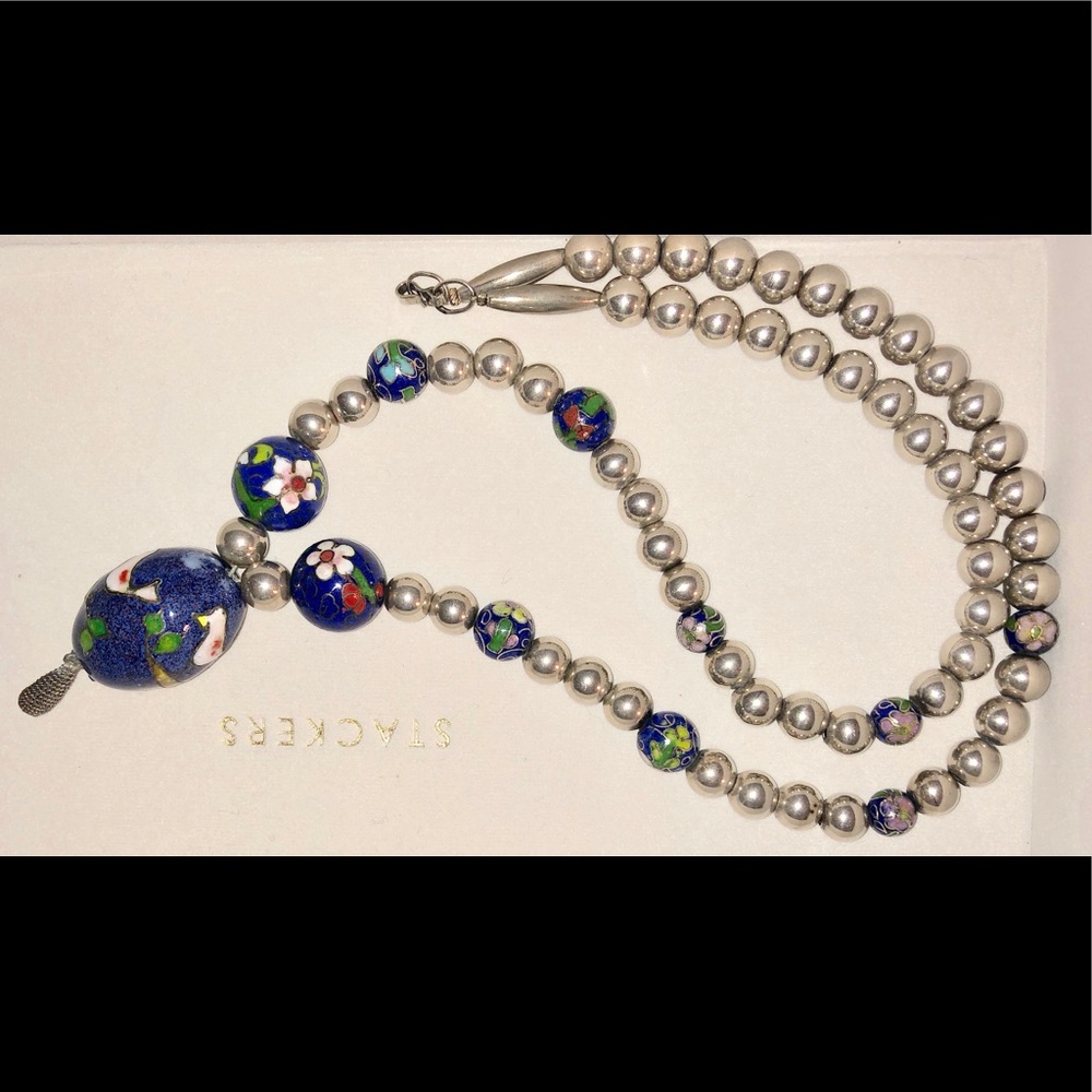 Vintage Silverplate Cloisonné bead Necklace 22"